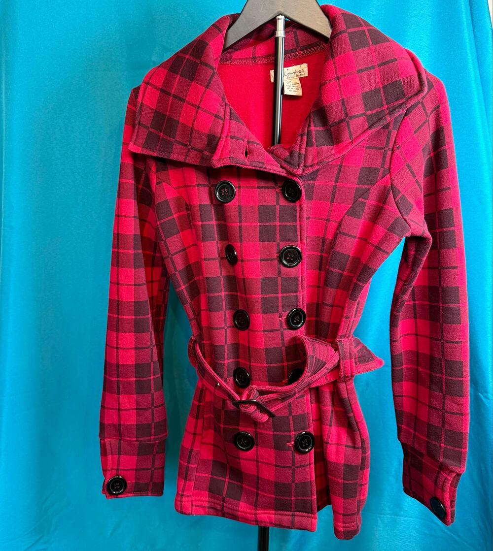 Y2K Inspired Glimmer by JJ Basics Red Black Plaid Double-Breasted Jacket Small